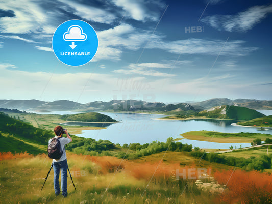 A Photographer Is Taking A Picture, A Person Standing On A Hill Looking At A Lake