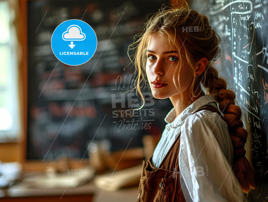 A Woman School Teacher, A Woman Standing In Front Of A Chalkboard