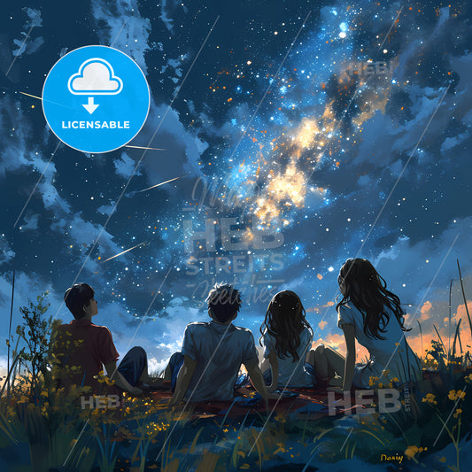 A Group Of 5 Friends Lying In A Field, A Group Of People Sitting On A Blanket Looking At Stars In The Sky