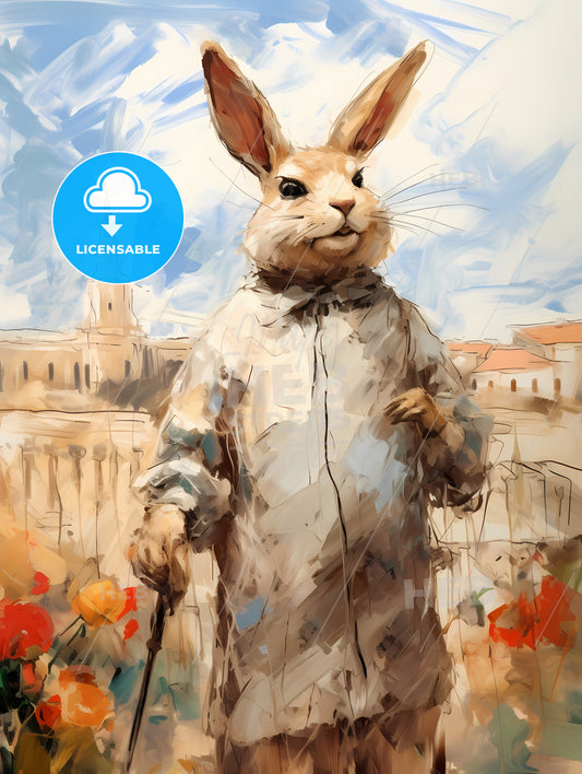 Stylish Easter Rabbit With Copy Space, A Rabbit Wearing A Shirt And Holding A Cane