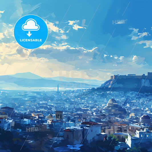 Athens Skyline, A City With A Hill In The Background