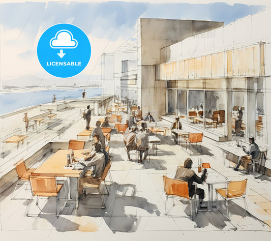 New Work Cafe On The Roof Of Meccanol, A Watercolor Of People Sitting At Tables Outside A Building