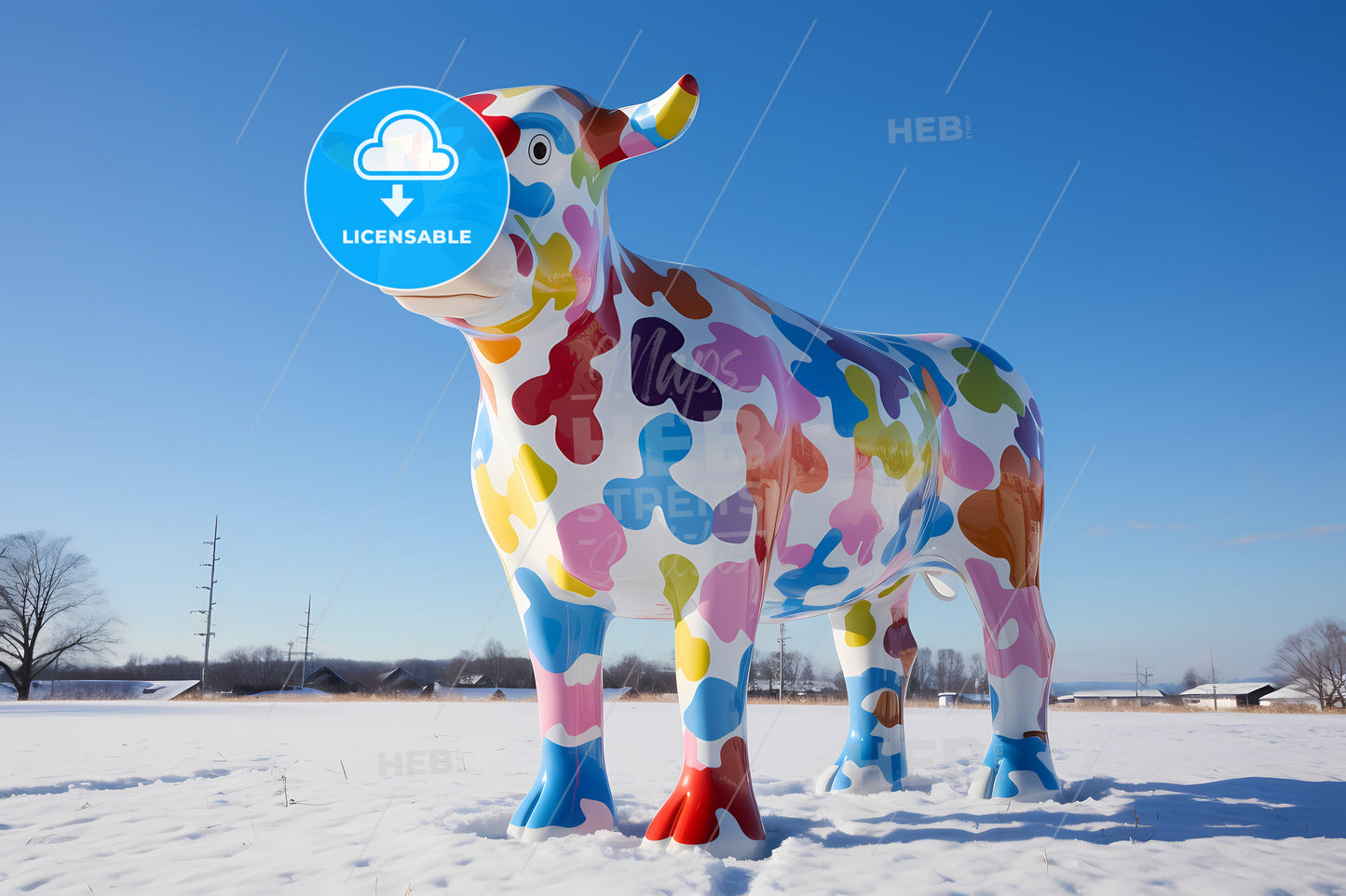 A Colourful Scultpture Of A Cow, A Colorful Cow Statue In The Snow