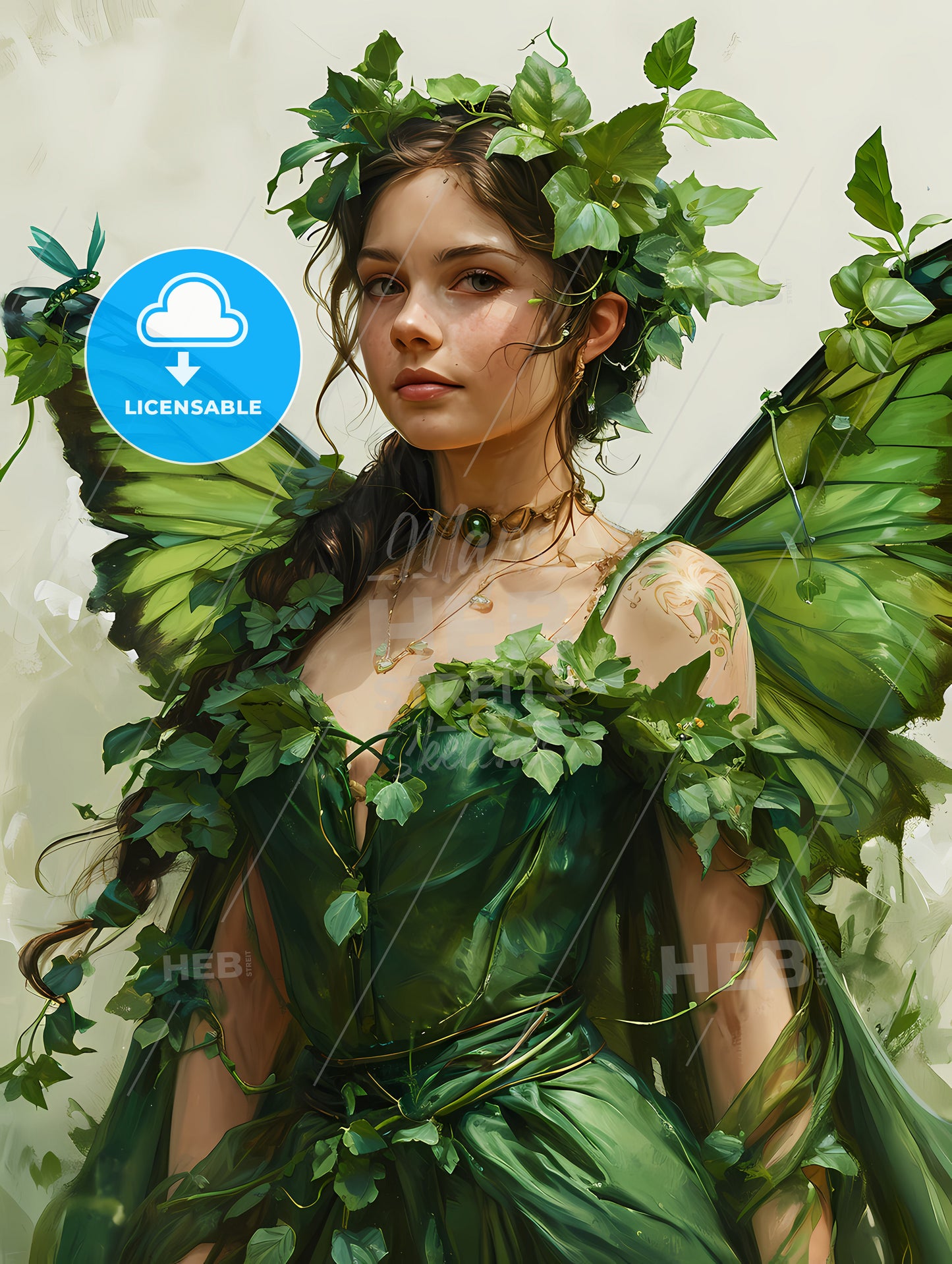 Graphic Design Art Nouveau, A Woman In A Green Dress With Leaves On Her Head
