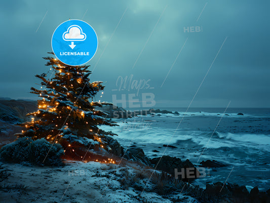 Christmas Tree Standing Straight With Lights, A Tree With Lights On It By The Ocean