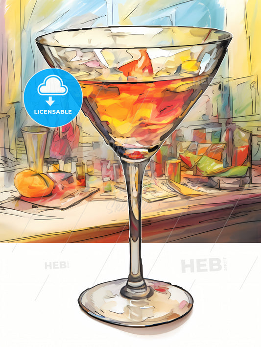 Margarita Glass With Classic Margarita Cocktail, A Glass Of Liquid With Ice And Orange Liquid