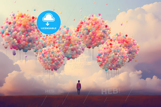 Colorful Clouds Are Seen In The Sky, A Person Standing In A Field With Balloons Floating In The Sky
