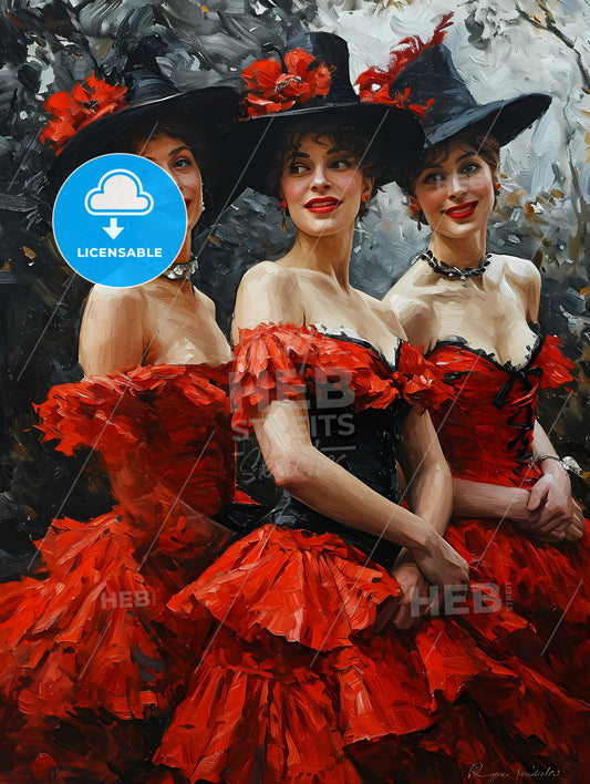 French Cancan Dancers In Moulin Rouge, A Group Of Women In Red Dresses