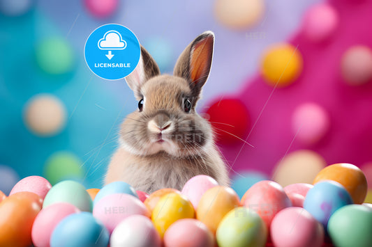 Cool Easter Rabbit Against Colorful Background, A Bunny Next To A Pile Of Eggs