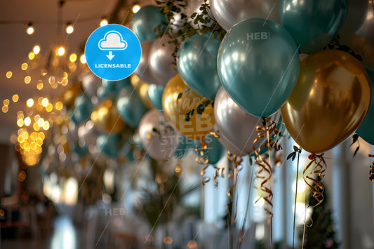 Birthday Decoration Of Ribbons And Balloons, A Group Of Balloons From A Ceiling