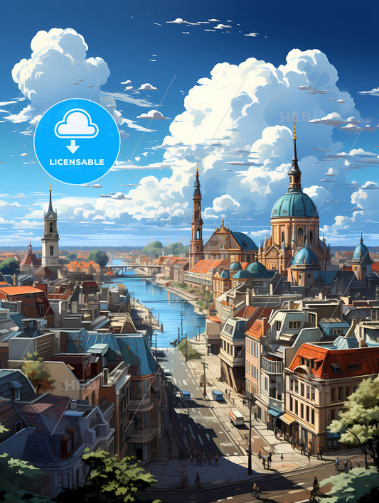 The Roofs Of Berlin Skyline, A City With A River And Buildings