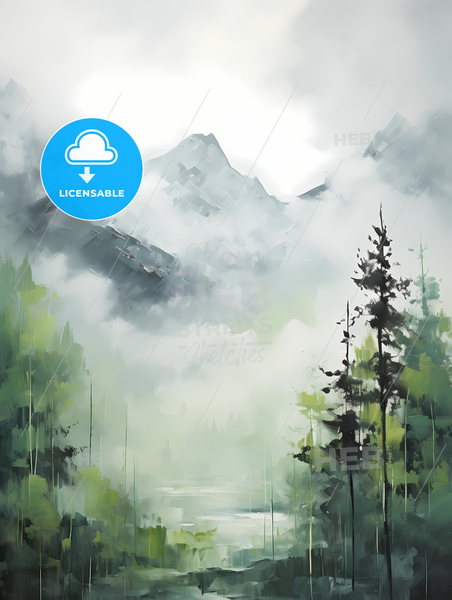 Painting Of Mountain Side In Spring, A Painting Of A Forest And Mountains