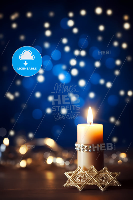 Hanukkah Background With Copy Space, A Lit Candle With A Sparkly Decoration