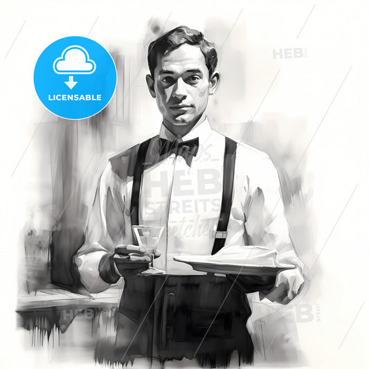 Black And White Pencil Sketch Of A Waiter, A Man Holding A Plate And A Glass