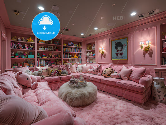 Childrens Playroom, A Pink Room With Pink Couches And Stuffed Animals