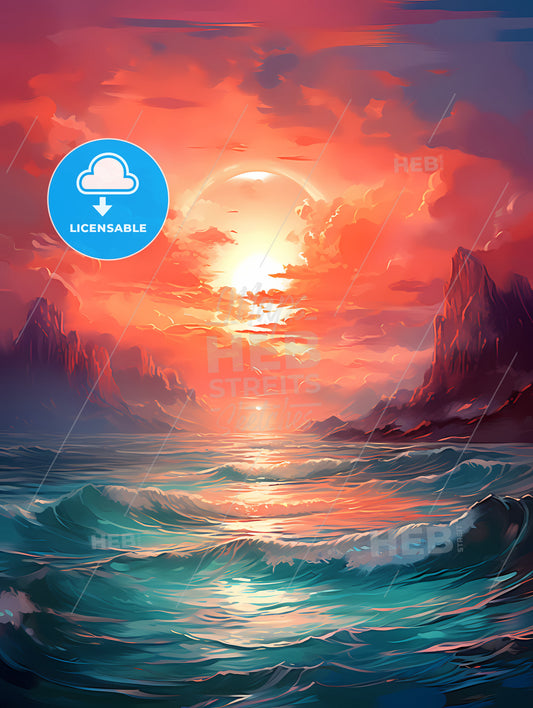 The Red Sunset Shone On The Blue Ocean, A Sunset Over A Body Of Water