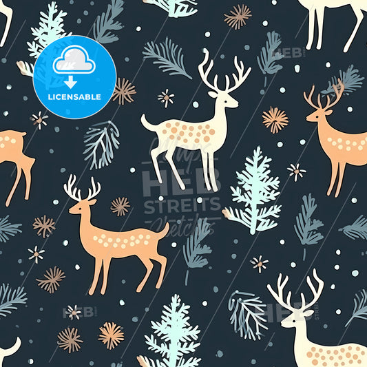 Hand Drawn Christmas Pattern, A Pattern Of Deer And Trees