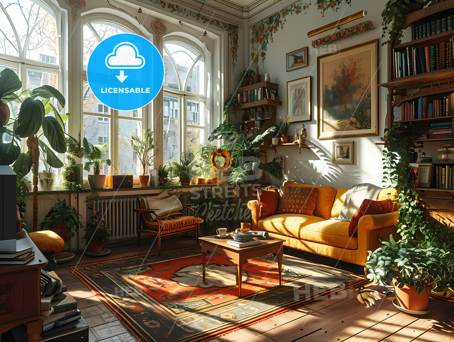 A Comfortable Living Room With Soft Sofas, A Room With A Couch And A Rug And Plants