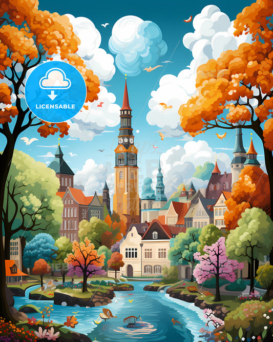 Randers, Denmark - A Colorful Landscape With A River And Trees And A Clock Tower