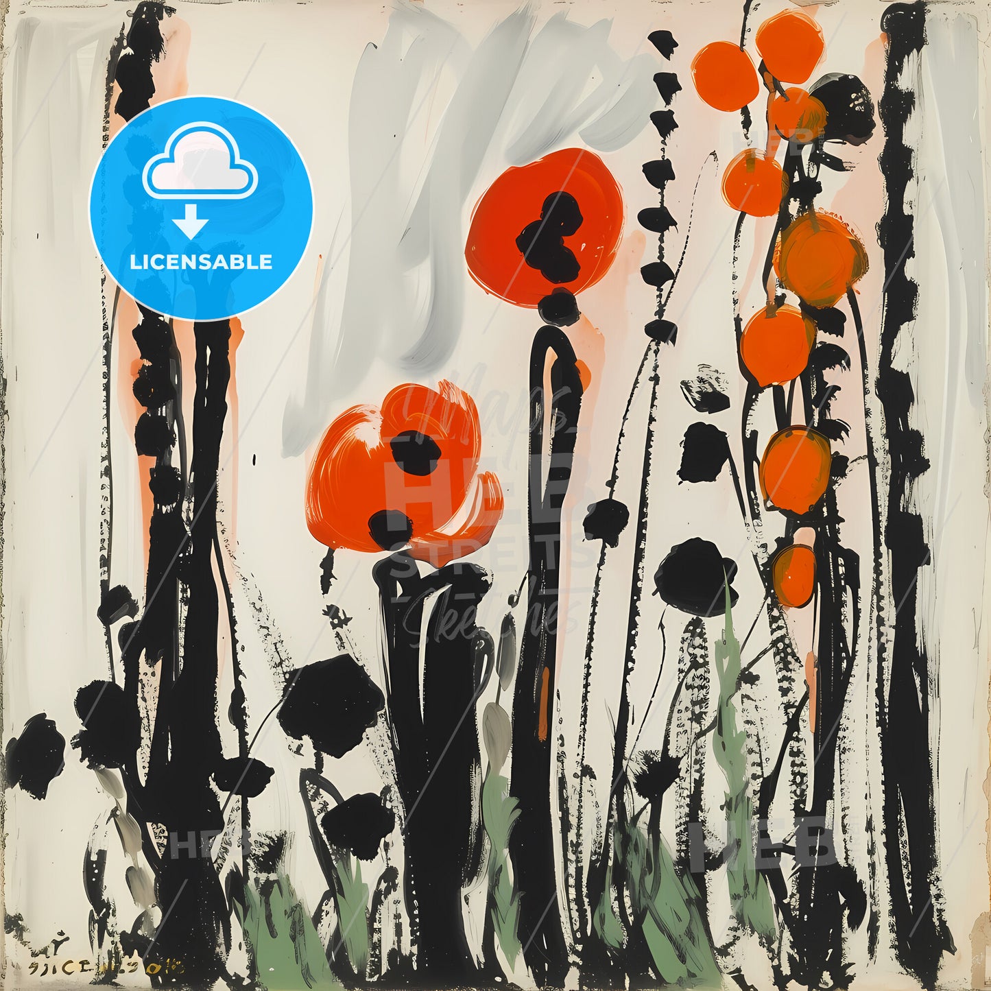 Risograph, Serival Circles Painted Bymaud Lewis, Very Cute, Abstract Simple Lines - A Painting Of Flowers And Plants