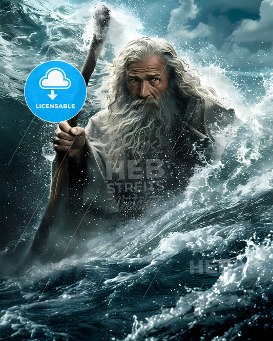 Movie Poster Moses Hoisting A Magic Staff Above His Head And Leading Many Israelites - A Man In A Robe Holding A Staff In A Wave
