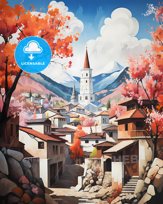 Podgorica, Montenegro - A Painting Of A Town With A Tower And Mountains In The Background