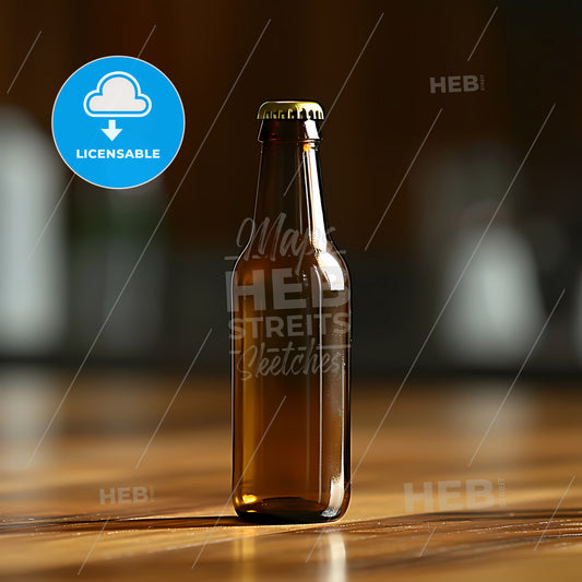 An Empty Beer Bottle Stands On A Wooden Table - A Brown Bottle On A Wooden Surface