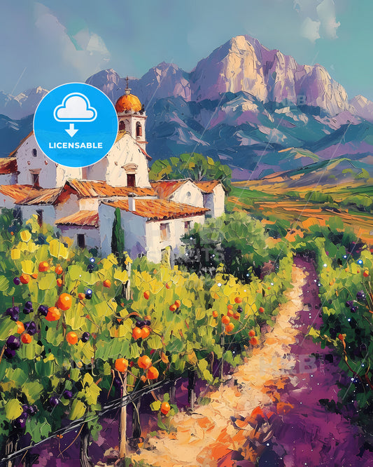 Levante, Spain - A Painting Of A House In A Vineyard