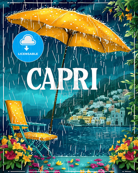 Capri Italy Poster With Text Capri In Bodony Font - A Yellow Umbrella And Chair In The Rain
