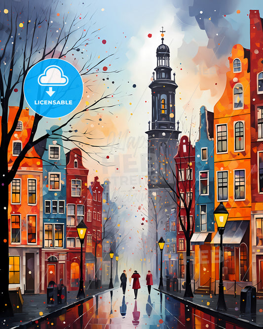 Amsterdam, Netherlands - A Painting Of A Street With Buildings And A Tower