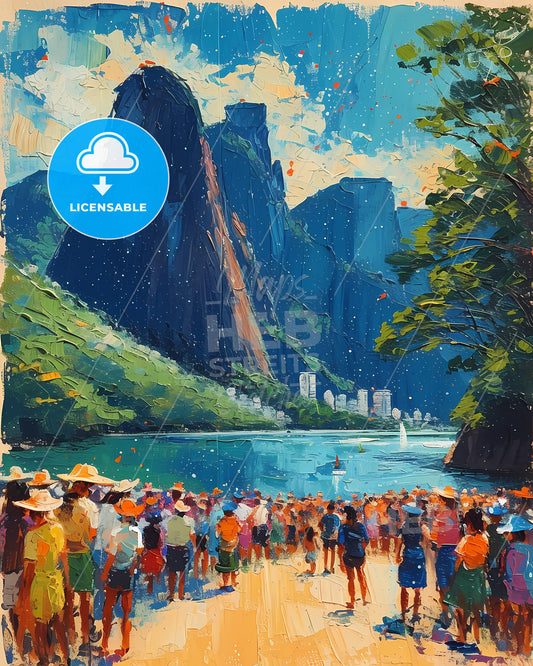 Rock In Rio - A Painting Of A Group Of People Standing In Front Of A Lake