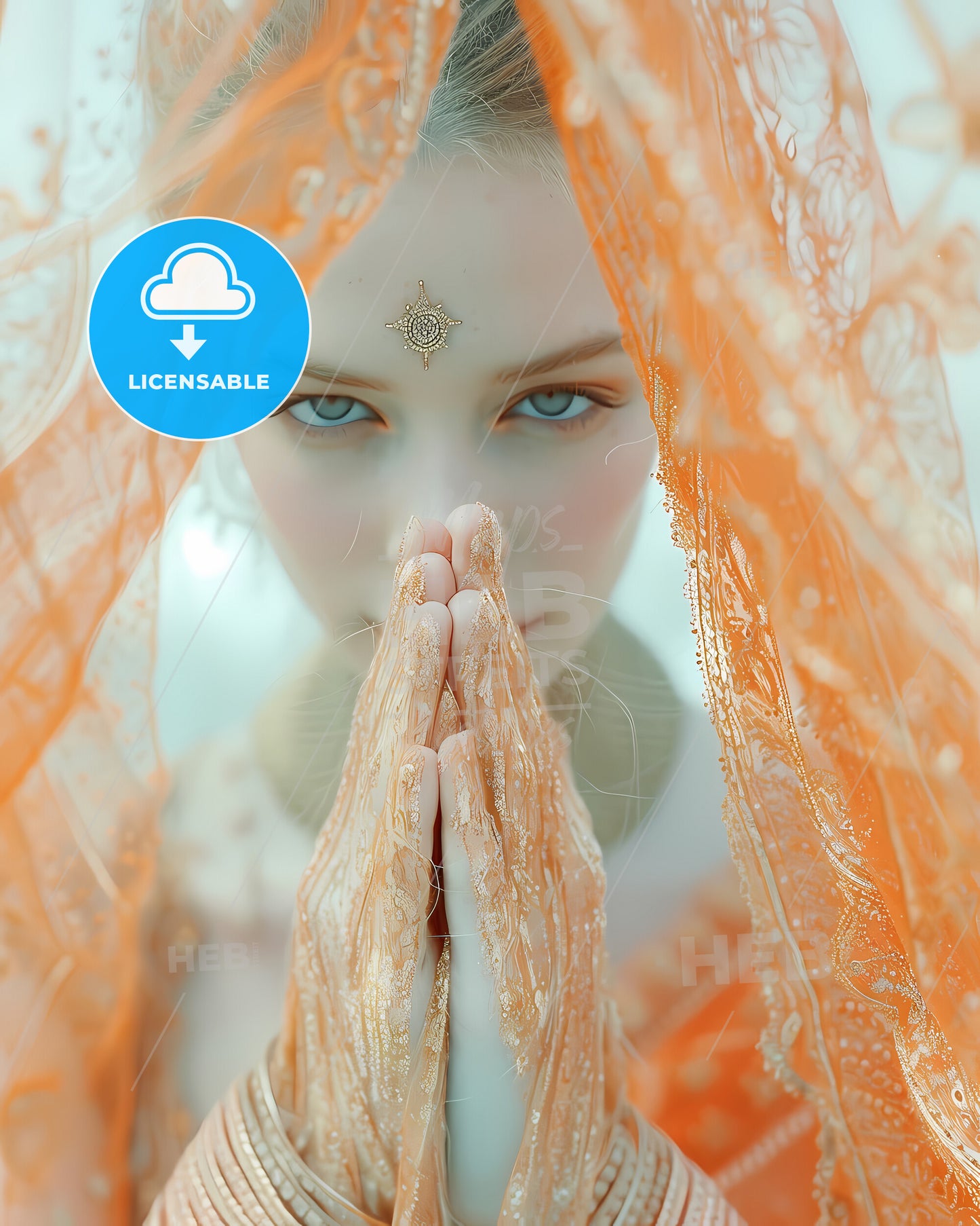 Mary Mother Of God Poster, Halo Above Her Head, Hands In Praying Sign - A Woman With A Veil Covering Her Face With Hands