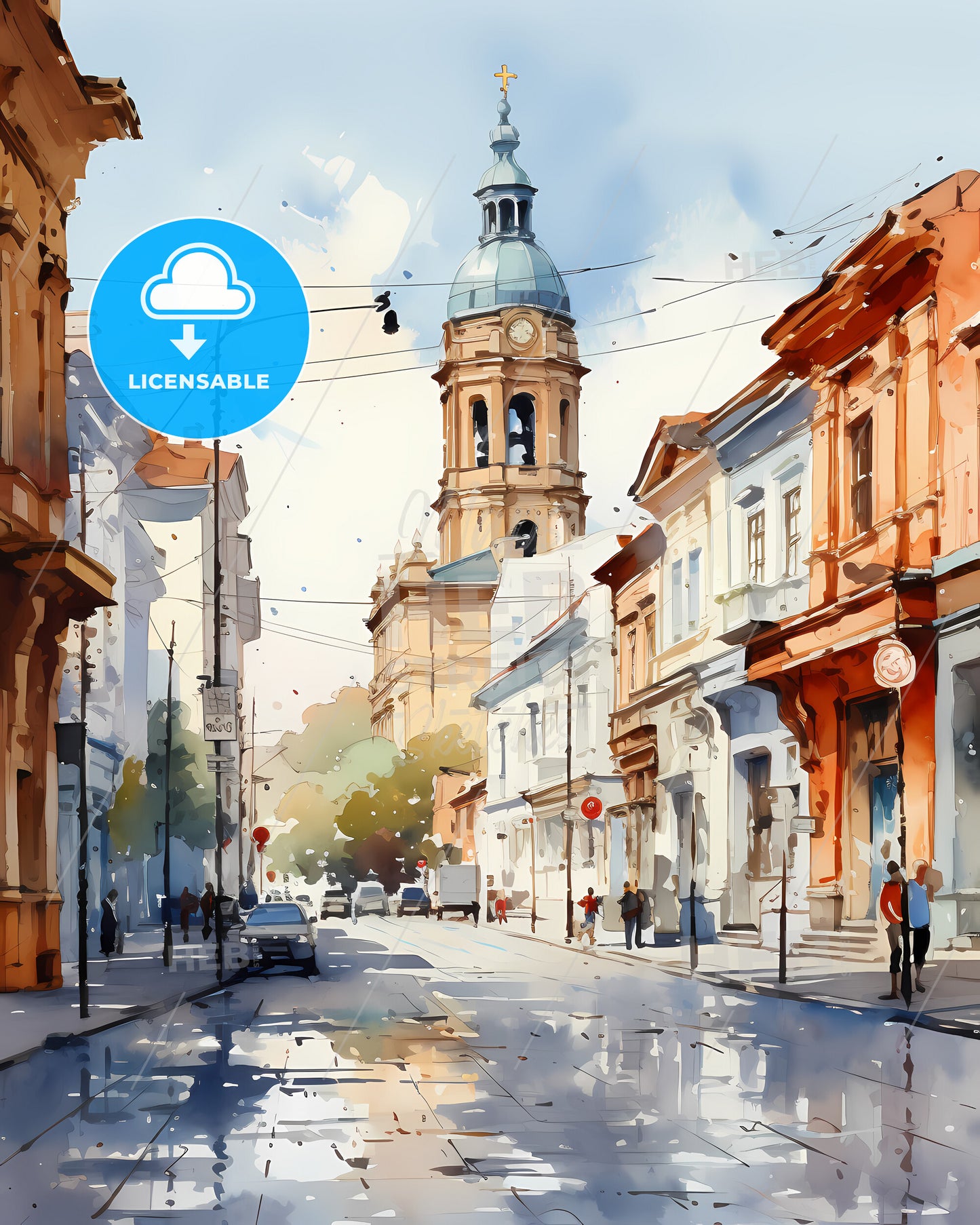 Bucharest, Romania - A Watercolor Of A Street With Buildings And A Tower