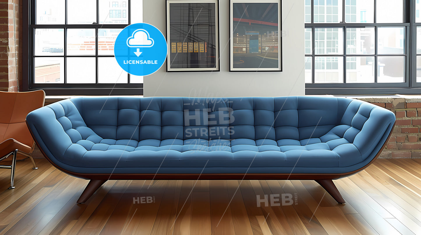 Blue Sofa And Terra Cotta Lounge Chair Against The Wall With Two Art Posters - A Blue Couch In A Room