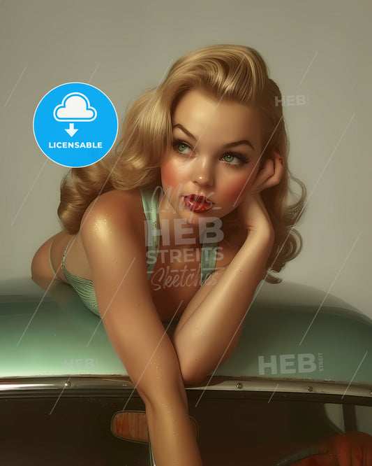 The Vintage Pin Up Girl Leaning On A Car - A Woman Lying On A Car