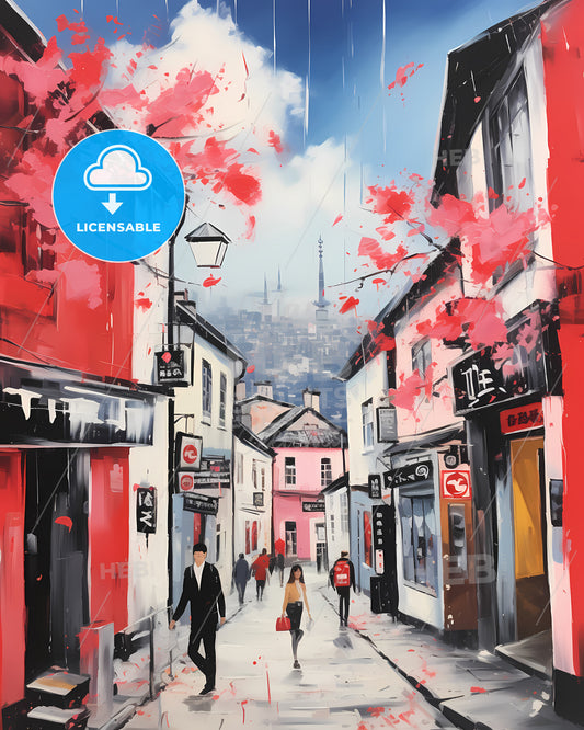 Stavanger, Norway - A Painting Of A Street With Buildings And People Walking With Kobe Chinatown In The Background