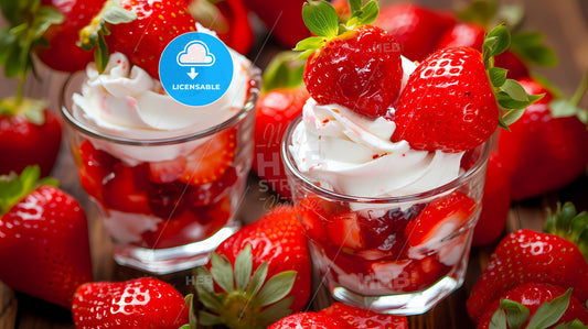 Strawberry Dessert With Cream Cheese And Jam In Glasses - A Group Of Strawberries In Glasses With Whipped Cream