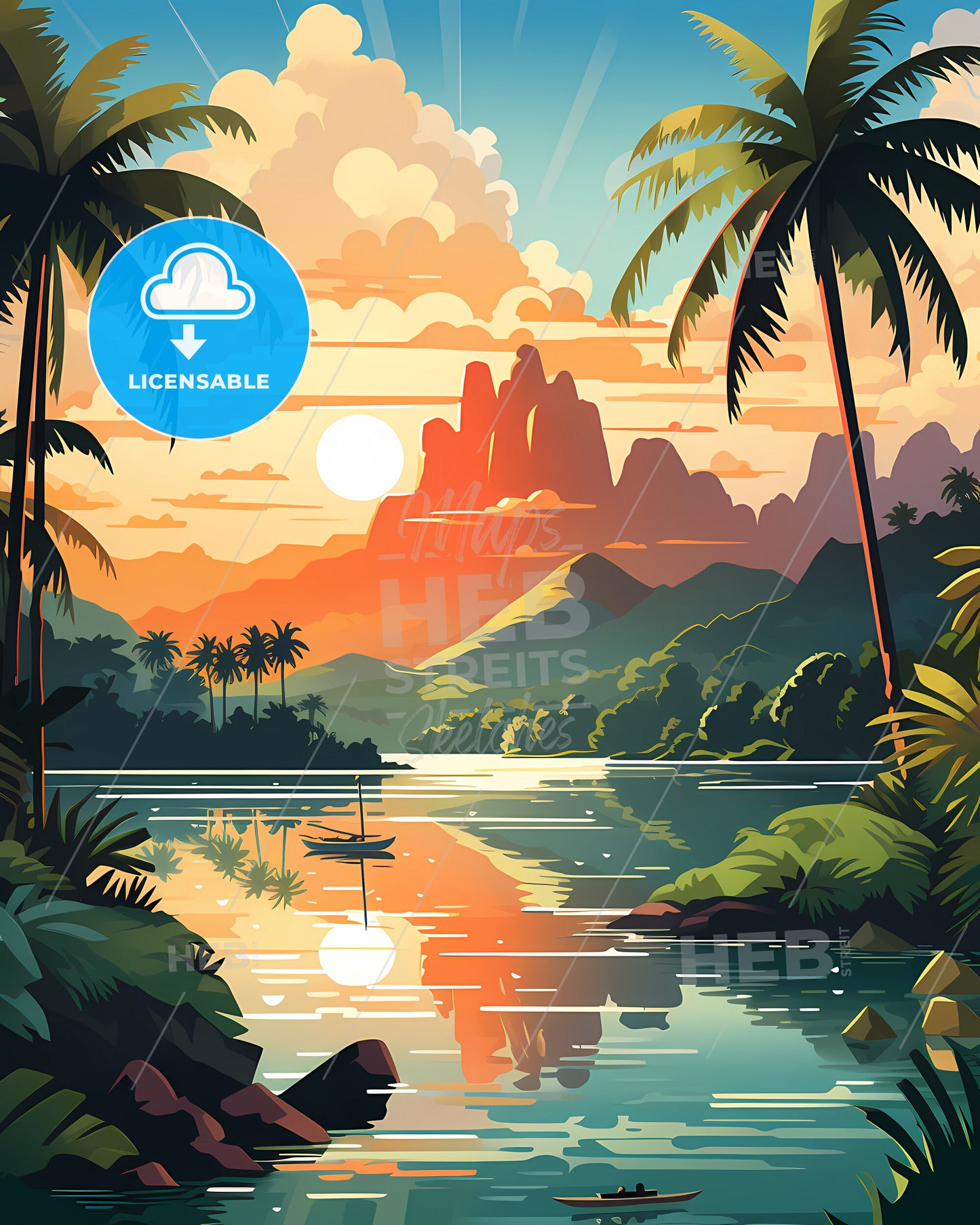 French Polynesia, France - A Landscape Of A Tropical Island With A Boat And Mountains