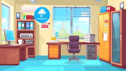 Cabinet, Office, Workplace, Home Furniture Used For Remote Work - A Cartoon Of A Room With A Desk And A Chair