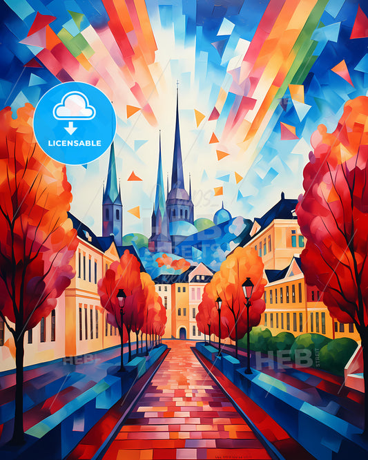 Luxembourg City, Luxembourg - A Colorful Painting Of A Street With Trees And Buildings