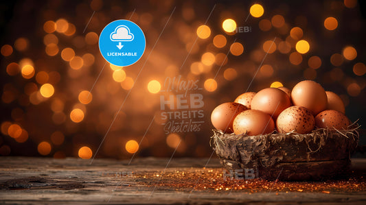 Chicken Eggs In Basket On Table With Blurred Background - A Basket Of Eggs With Lights In The Background