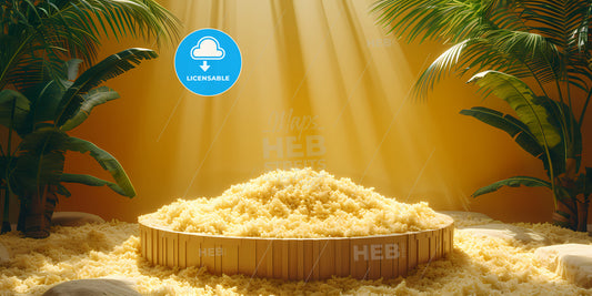 Abstract Summer Yellow Background With Tropical Leaves Shadow And Bright Sunlight - A Wooden Tub With Rice In It