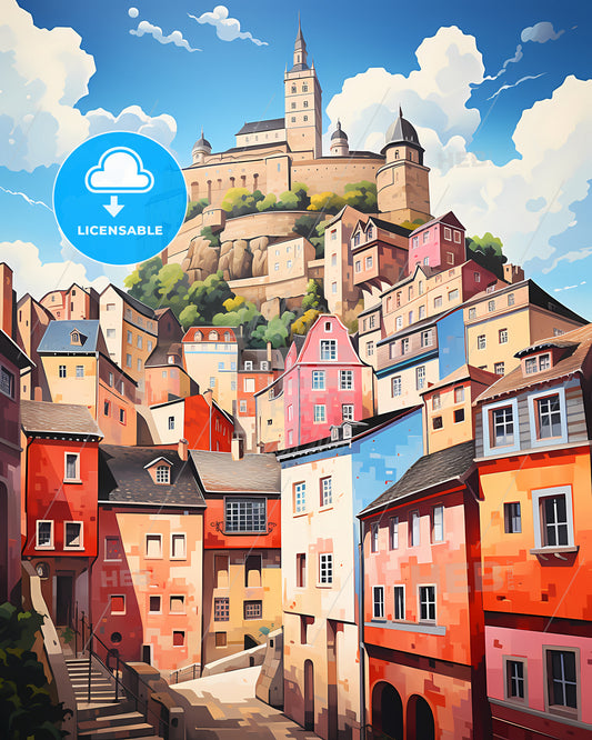 Luxembourg City, Luxembourg - A Colorful Buildings With A Castle On A Hill