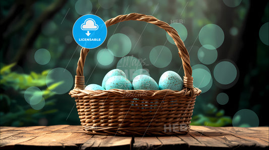 Chicken Eggs In Basket On Table With Blurred Background - A Basket With Blue Speckled Eggs
