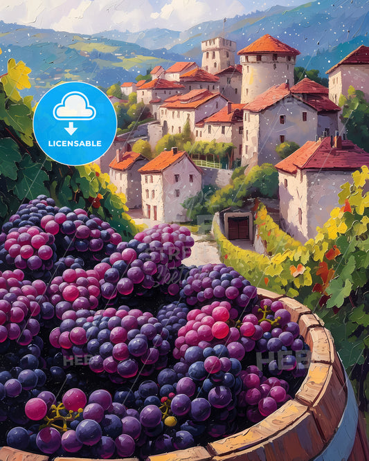 Jura, France - A Painting Of A Town With Grapes