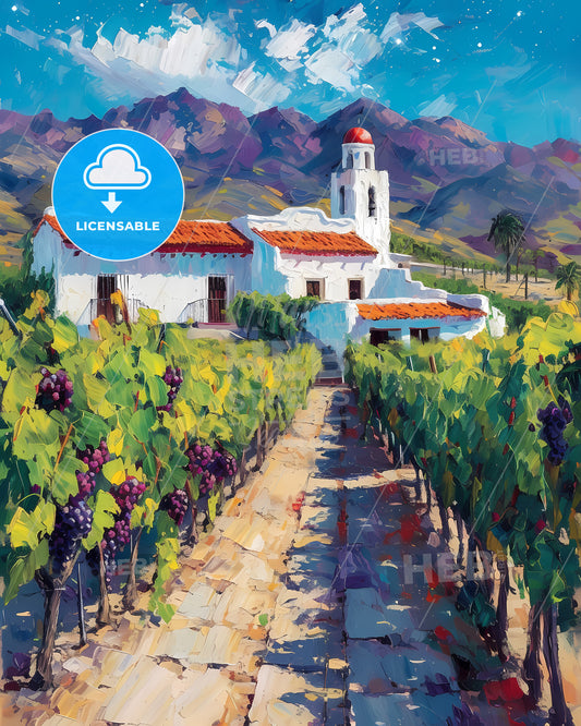 Valle De Guadalupe, Mexico - A Painting Of A White Building With A Red Roof Surrounded By Rows Of Grapes