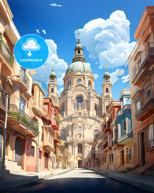 Madrid, Spain - A Street With Buildings And A Large Building