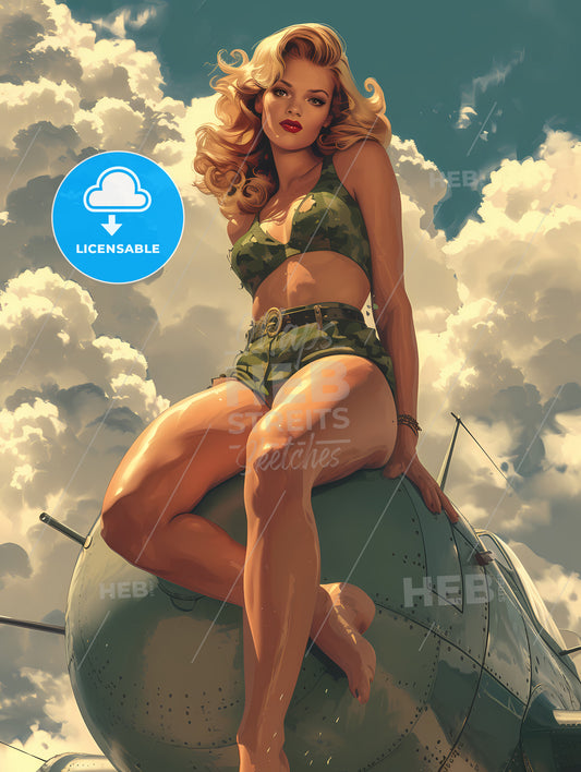 Pinup Style Attractive Military Young Woman Riding A Bomb - A Woman Sitting On A Plane