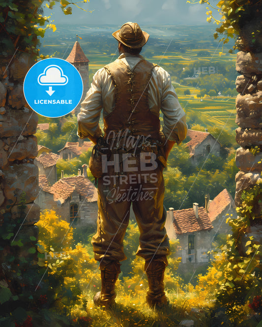 A French Vineyard Owner - A Man Standing On A Ledge Looking At A Village
