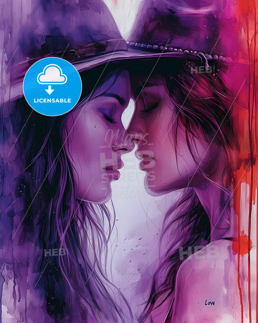 Lgbt Couple Born To Love Illustration - A Painting Of Two Women With Hats